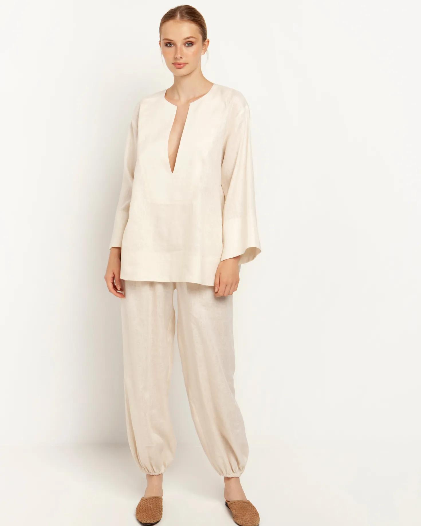 Beige Cargo Linen Trousers