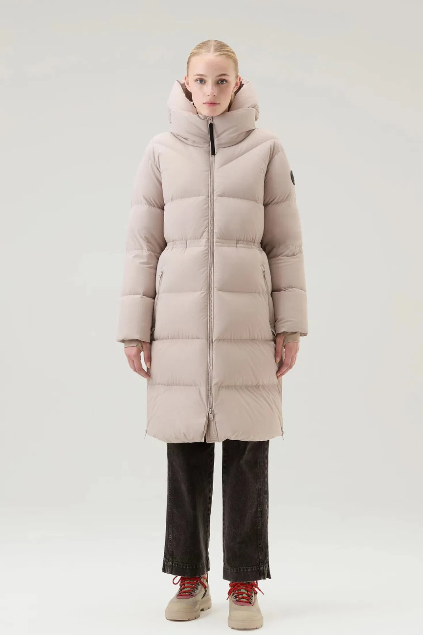 Beige Long Down Parka in Stretch Nylon with Detachable Hood