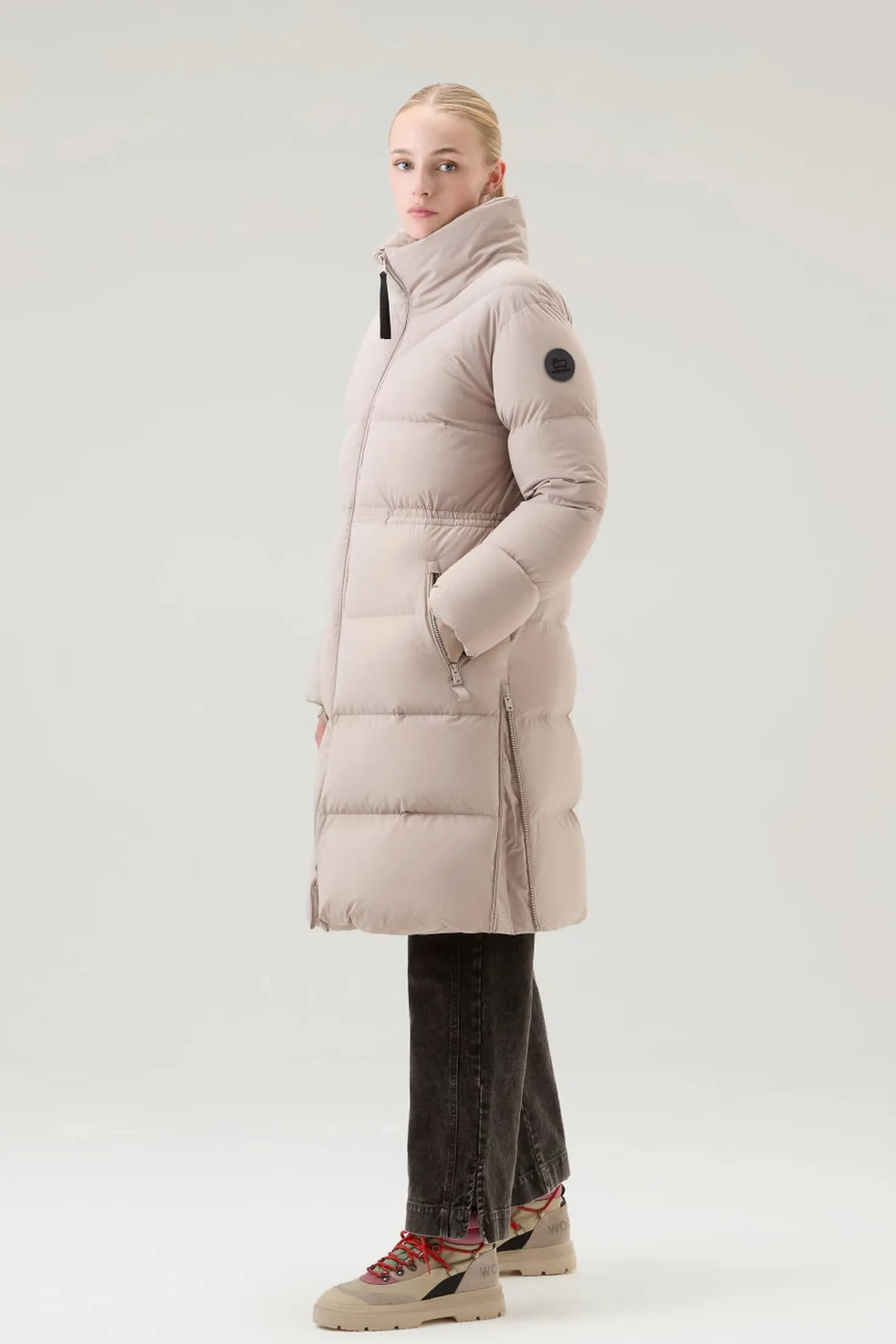 Beige Long Down Parka in Stretch Nylon with Detachable Hood