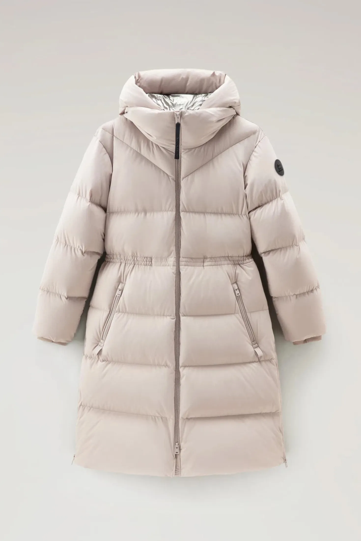 Beige Long Down Parka in Stretch Nylon with Detachable Hood