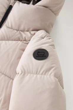 Beige Long Down Parka in Stretch Nylon with Detachable Hood