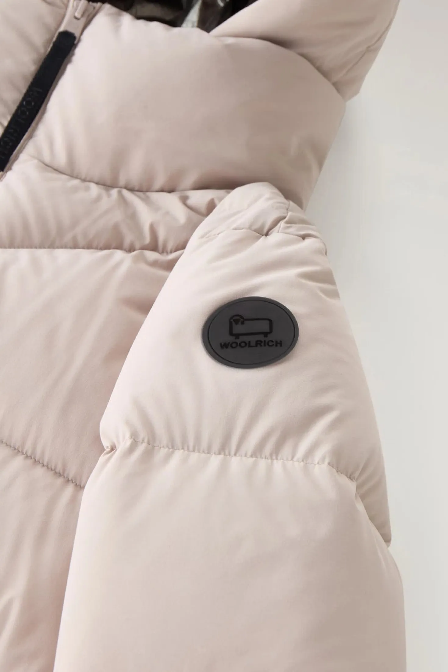Beige Long Down Parka in Stretch Nylon with Detachable Hood