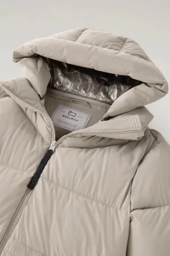 Beige Long Down Parka in Stretch Nylon with Detachable Hood