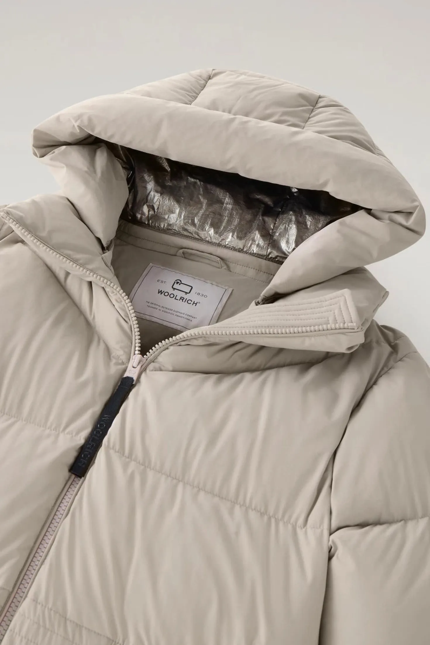Beige Long Down Parka in Stretch Nylon with Detachable Hood