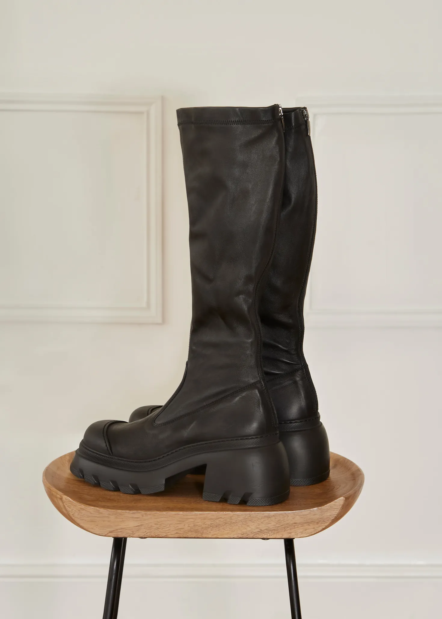 Black Stretch Leather Knee High Boots
