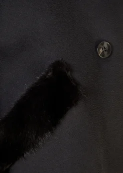 Black Wool Double Breasted Coat With Mink Trim