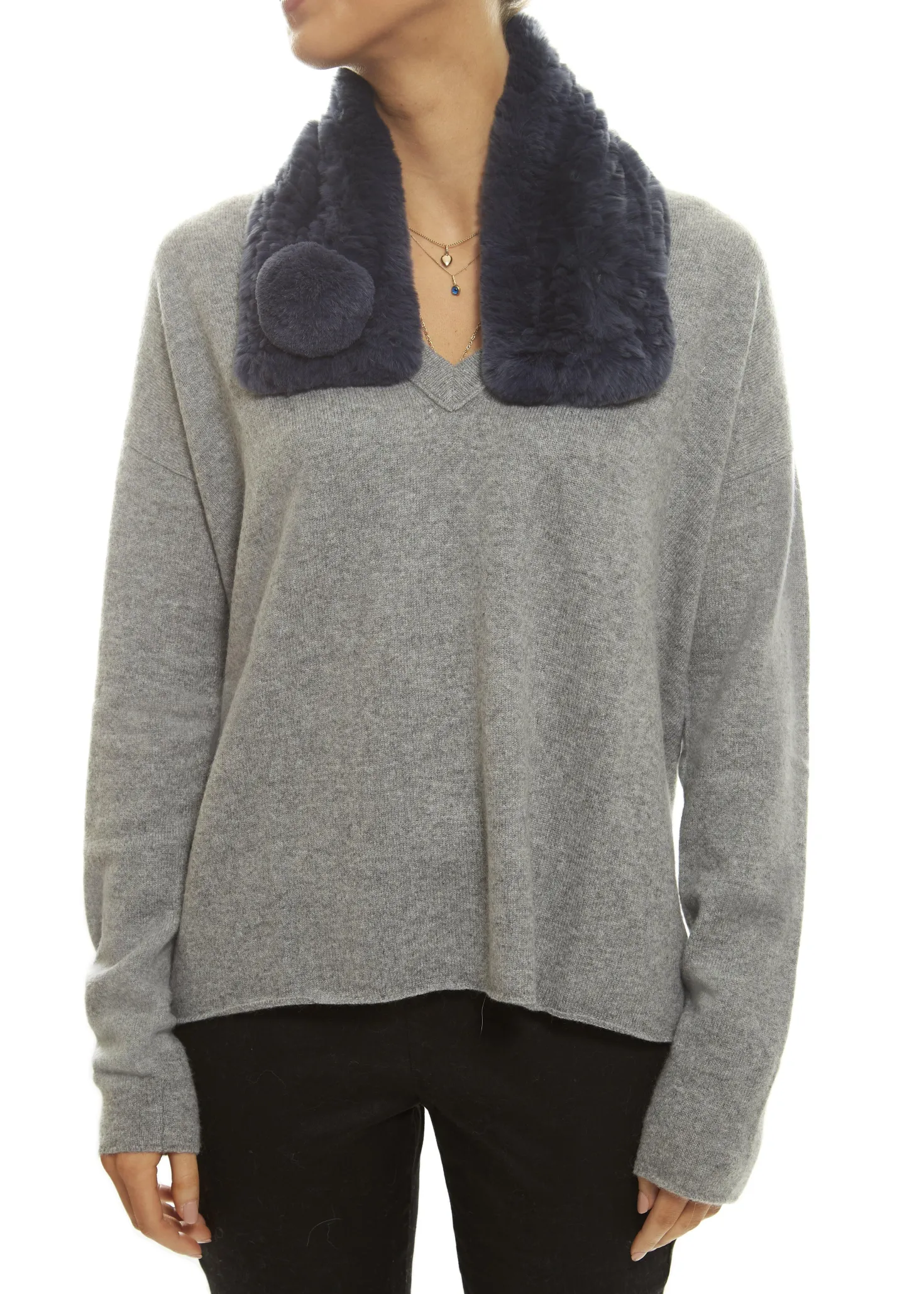 Dark Blue Bobble Knitted Rabbit Luxury Fur Scarf
