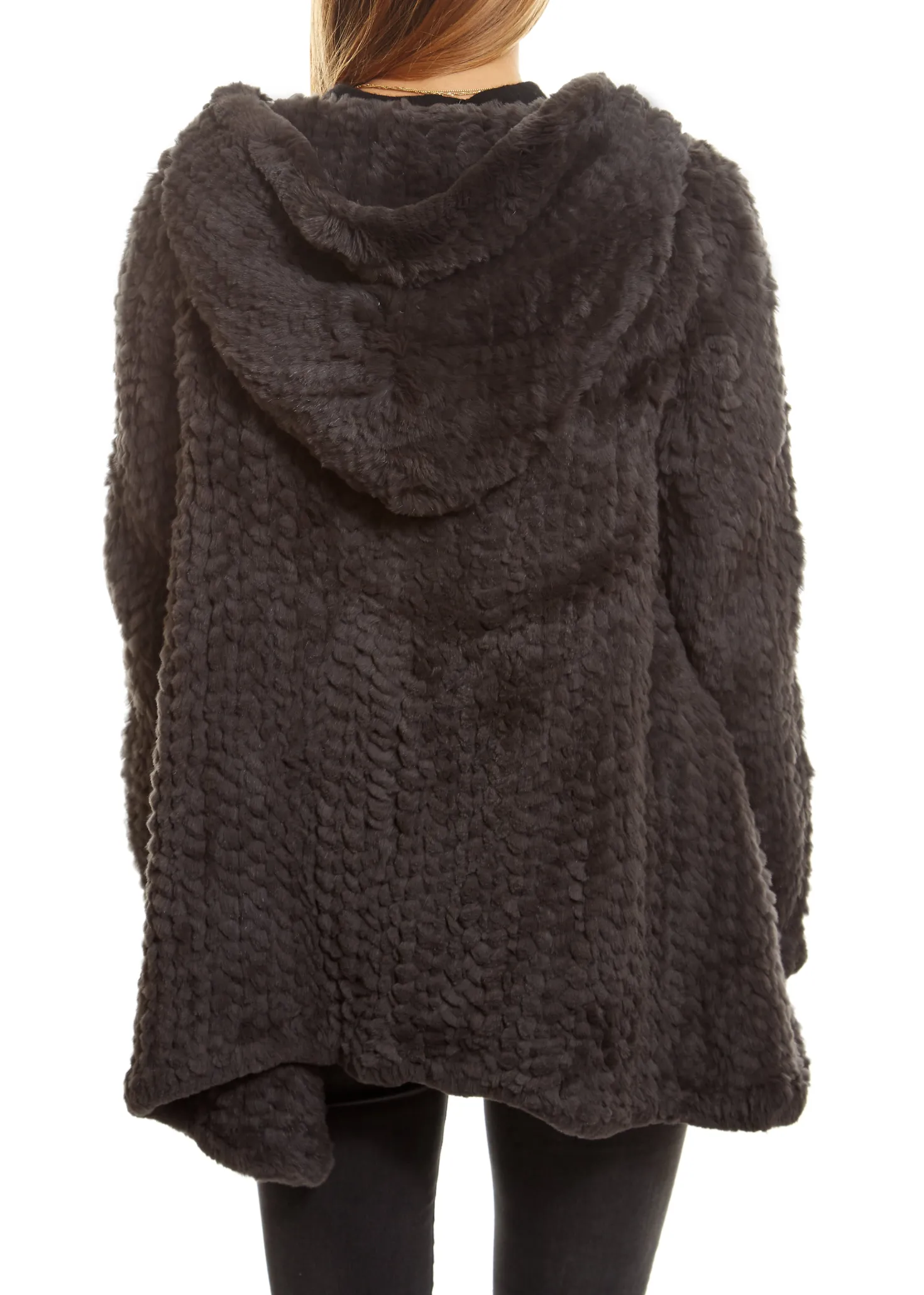 Grey Knitted Real Rex Rabbit Fur Fluted Hoodie